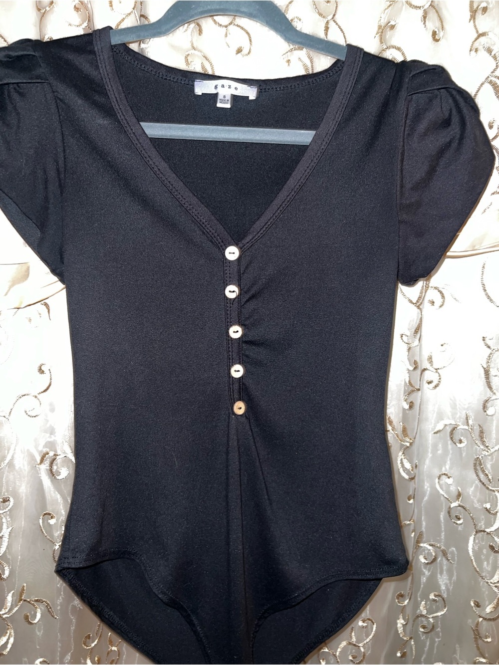 gaze Black V-Neck Button-Front Bodysuit